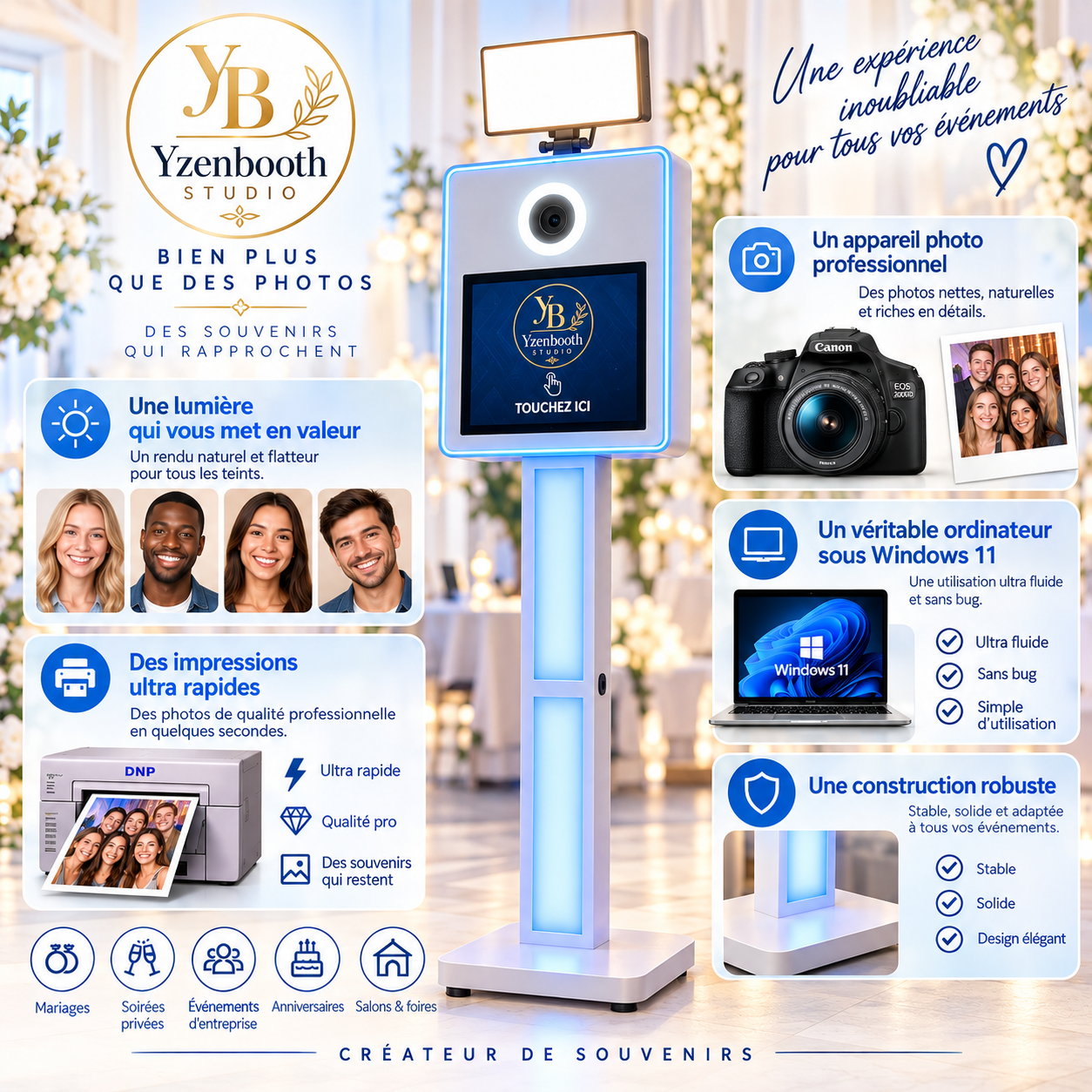 Descriptif du photobooth YzenBooth — équipement, fonctionnalités et caractéristiques