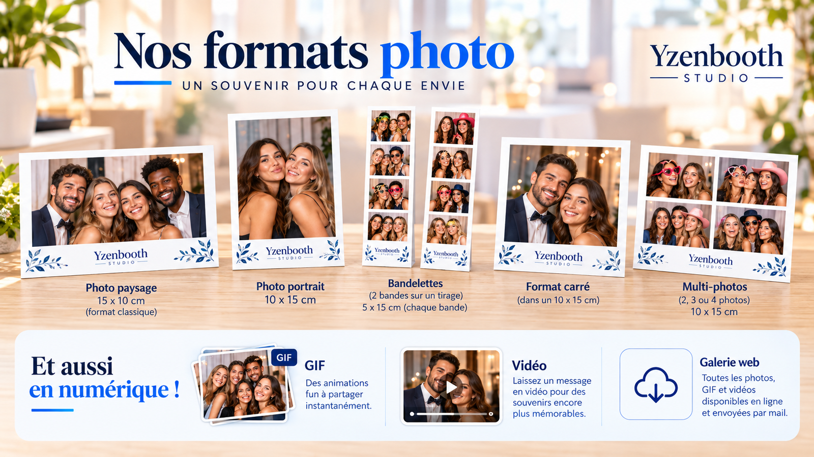 Formats photo YzenBooth — paysage, portrait, bandelettes, carré, multi-photos, GIF, vidéo