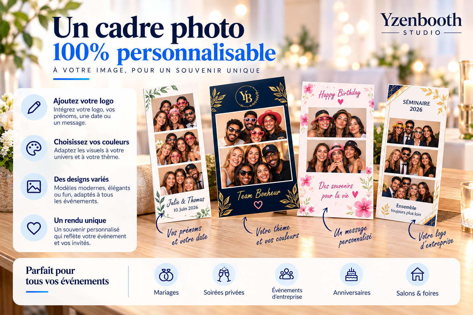 Cadre photo personnalisable YzenBooth — logo, couleurs, designs variés